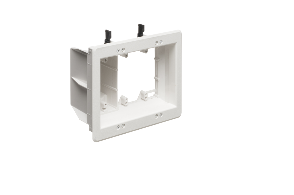 Recessed Plastic TV BOX. For new or existing construction. Comes with low voltage divider. Color White. 3 Gang.