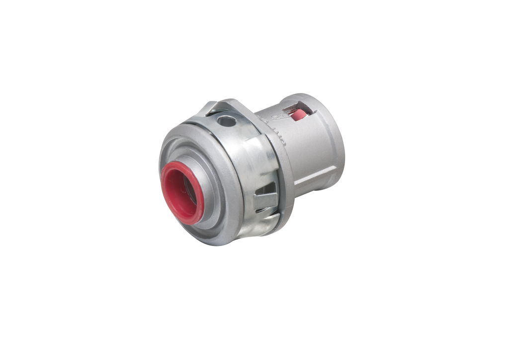Mayer-DDS-Zinc die-cast, 3/4" Knockout MC cable connector snaps quickly onto the conduit with an internal spring steel clip, no tools required. Concrete tight when taped. Red tinted internal clip indicates easier insertion of conduit and comes with Insulated throat.-1