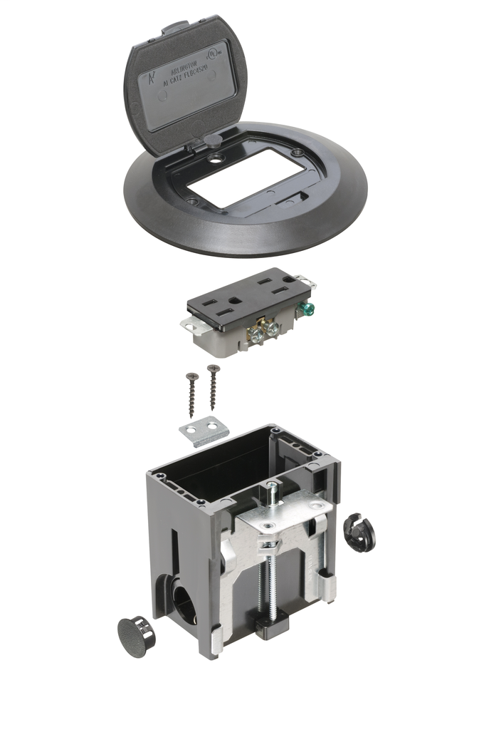 Product image for Arlington FLBAFR101BL 1-Gang Non-Metallic Floor Box Kit w/ Flip Lids, Round Cover, Black