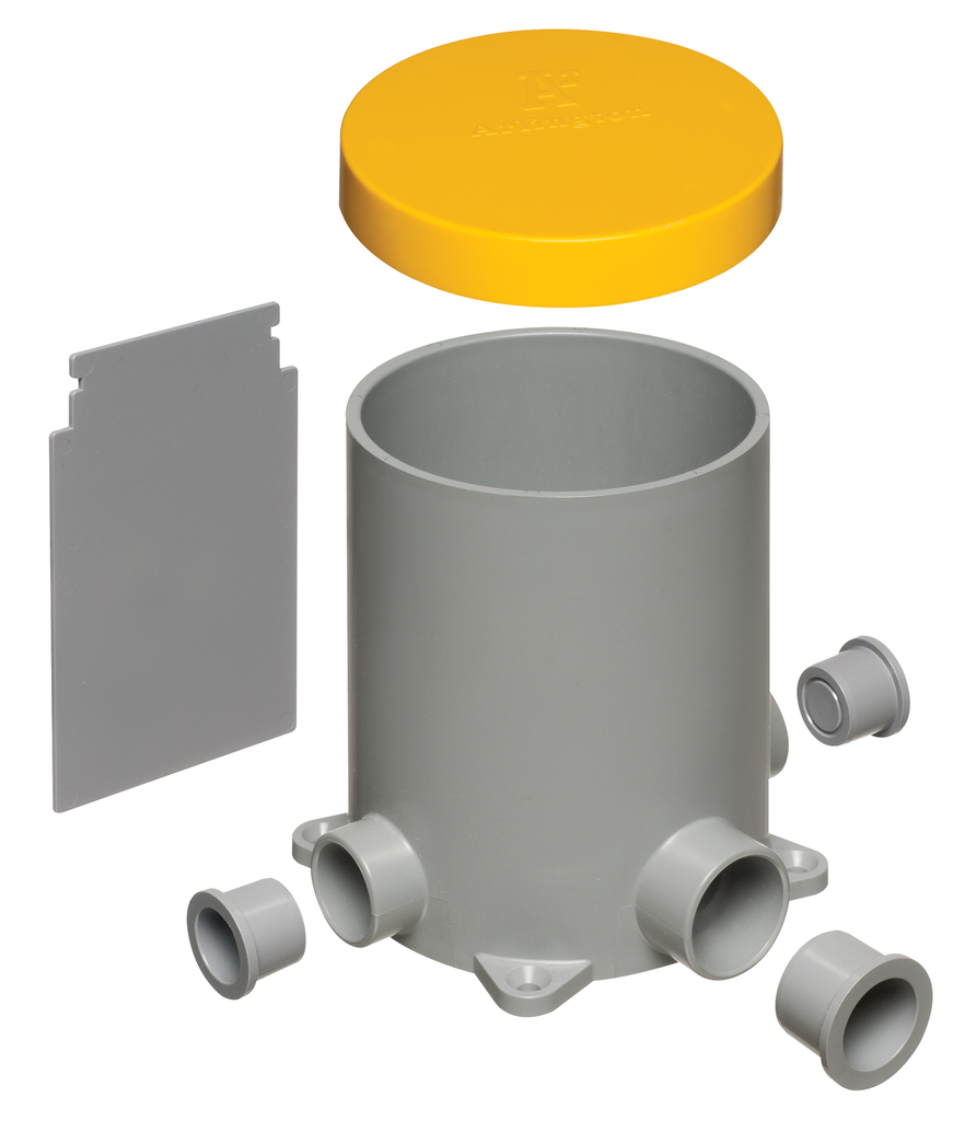 Mayer-DDS-Non Metallic 4-1/2" round box with plugs, low voltage devider and mud cover for new concrete pours.-1
