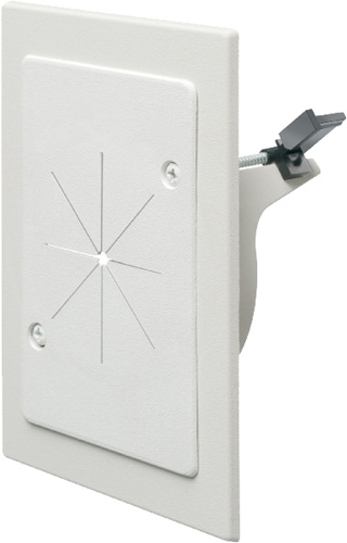Cable entry bracket with slotted cover. White. Installs with 3-1/2 hole saw. Fits wall thicknessess from 1/4" to 1-1/2"