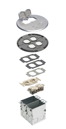 Product image for Arlington FLB6242NL 2-Gang Combo Floor Box Kit, Steel Box, Low Voltage / Receptacle, Nickel-Plated Cover