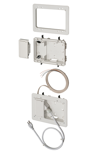 Low Profile non metallic TV BOX BRIDGE kit. For a flush to the wall installation as shallow as 3/4". For new or old construction. Fits also on 2x2, 2x3 and 2x4 studs.