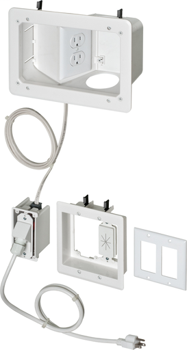 Recessed prewired TV BRIDGE kit with angled 1 gang power. Allows power to be bridged from one stud bay to the bridge kit.