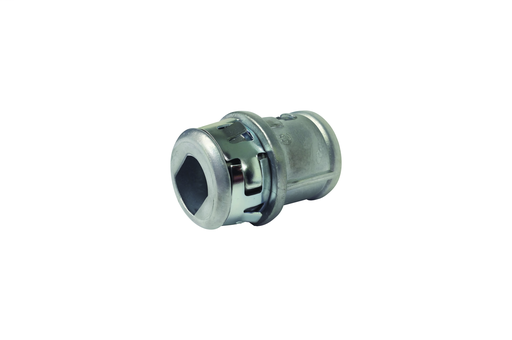 Zinc die-cast, 1/2" Knockout MC cable connector snaps quickly on to the conduit with internal spring steel clip and then snaps into knockout with an external spring steel clip, no tools required. Concrete tight when taped. Has Rectangualer End stop.