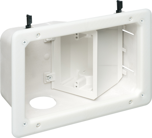 Plastic recessed TV BOX with angled opening for new or old construction. Combo box for power and low voltage. paintable trim plate.