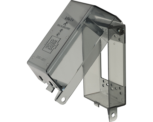 Dri-box adapter with non metallic cover and base. Accepts any wiring device and standard sized wall plate for a versatile NEMA 3R rated installation. Adapter is for a vertically mounted single gang box and has a clear cover. The depth is 2.9".