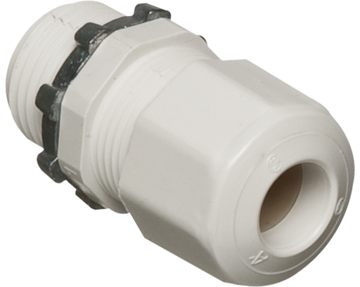 LPCG507W - Low-profile non-metallic, liquid-tight, oil-tight, and gray strain relief cord connector furnished with a sealing ring and locknut. Supports .385 to .600 cord range with a 1/2 inch trade size. Color White.