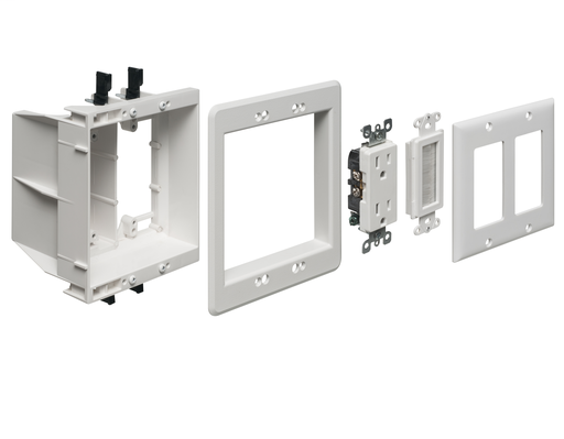 Plastic recessed TV BOX for power and low voltage. For new and old construction. Kit includes recessed combo box, (1) tamper resistant duplex receptacle, Arlingtons SCOOP, Arlingtons PASS THROUGH devices and cover plate.