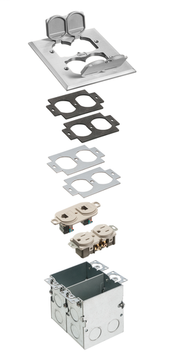 FLB5552NL - A combination floor box kit with installed low voltage devider. Includes four flip lids and gasket, One duplex receptacle and one low voltage duplex plate. Nickel.