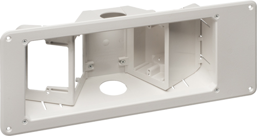 Plastic recessed TV BOX with two angled opening for new or old construction. Combo box for power and low voltage. paintable trim plate.