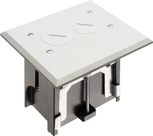 Non Metallic adjustable floor box. White with threaded plugs. Includes tamper resistant duplex receptacle, cover plate with gasket and Arlington NM94 connector and Arlington NM900 knockout plug. (ARL FLBA101W WHITE ADJ FLOOR BOX)