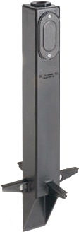 Gard-N-Post. 19.5" support for outdoor light fixturess. Built in stablaizers need to assembly. Opennings in stabalizers allow for insertion of extra support material. Angle Cut post for easy acces to unground wiring. one 1/2" Knockout to cover photocell i