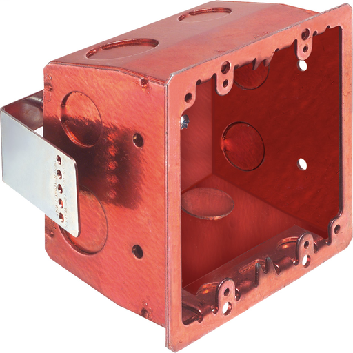Mayer-DDS-Steel 4x4 box for retrofit construction. Screw hole patterns for 4x4 and two gang devices. Color Red. 27.5 cu. in. 2 hour Fire Rating. 6 lb rating for Walls, 10lb rating for ceilings.-1