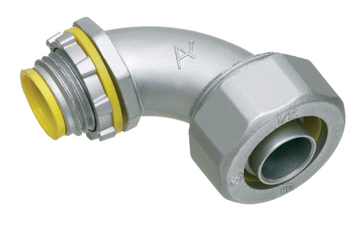 Straight, zinc die-cast connector for use with metallic or non metallic liquid tight conduit type B only. 1/2" Trade Size. 90 degree. With Insulated throat.