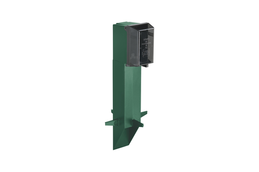 Gard-N-Post. 19.5" support for GFCI devices outdoors. Built in stablaizers need to assembly. Opennings in stabalizers allow for insertion of extra support material. Angle Cut post for easy acces to unground wiring. two 1/2" Knockouts. Color Green. Color i