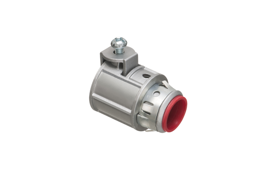 Zinc die-cast, 1/2" knockout saddle-type connector with spring set screw for securing aluminum and steel cable. Snaps into knockout with external spring steel clip. Provided with insulated throat. Concrete tight when taped. Supports .710 to .910 cable ran