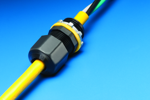 Low-profile non-metallic, liquid-tight, oil-tight, and black strain relief cord connector furnished with a sealing ring and locknut. Supports .200 to .472 cord range with a 1/2 inch trade size.