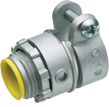 Zinc die-cast, single screw, 1/2" knockout squeeze connector with round end stop. For Flex, AC, MCI cable. Concrete tight when taped. End stop diameter: .620. With insulated throat