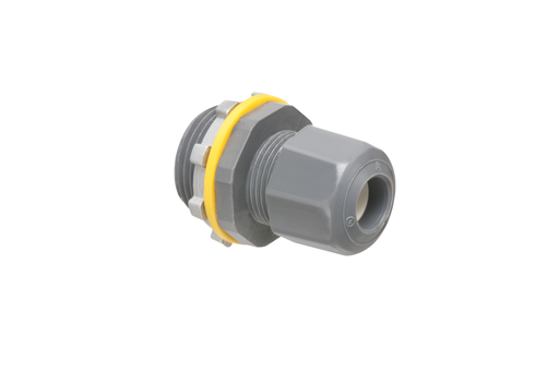LPCG754 - Low-profile non-metallic, liquid-tight, oil-tight, and gray strain relief cord connector furnished with a sealing ring and locknut. Supports .240 to .472 cord range with a 3/4 inch trade size.