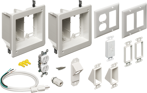 TV BRIDGE KIT. Kit includes (2) recessed power and low voltage power boxes and all the connections you need to bridge power from one stud bay to the next.
