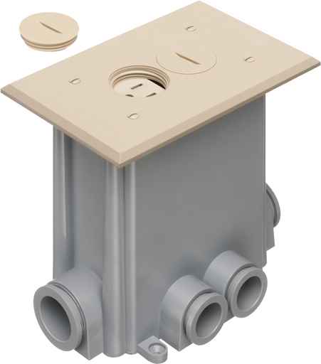 Non Metallic concrete floor box with non metallic covers for new concrete pours. Light Almond with Threaded plugs.Includes Box, Mud Cover, Four 3-1/4 plugs, two 1" plugs, 1/8" spacer 1/4" spacer. one 1/2" spacer, one 3/4" spacer, Mounting bracket, Duplex