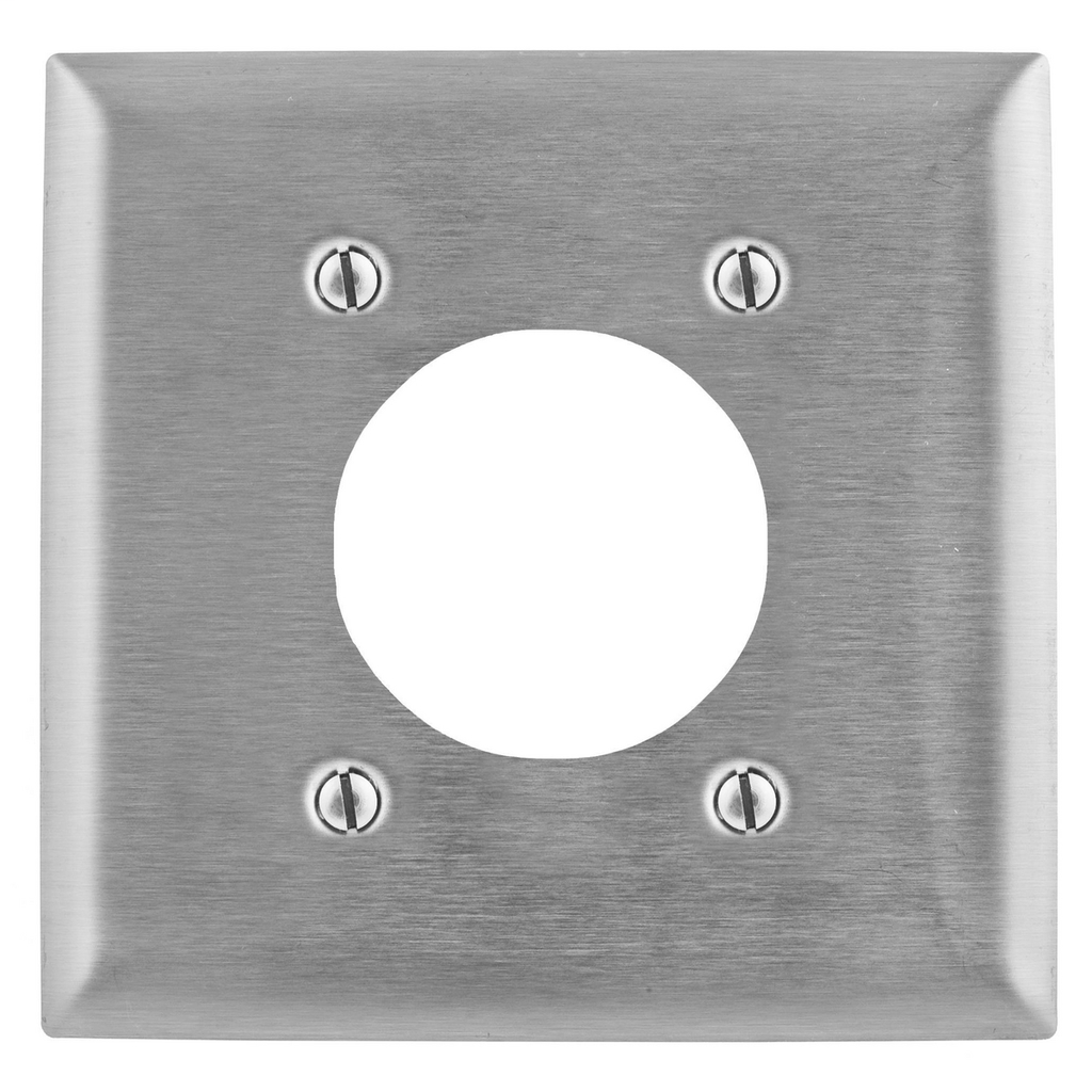 Product image for Hubbell SS703 2-Gang Stainless Steel 1-Single Receptacle Strap Mount Wallplate