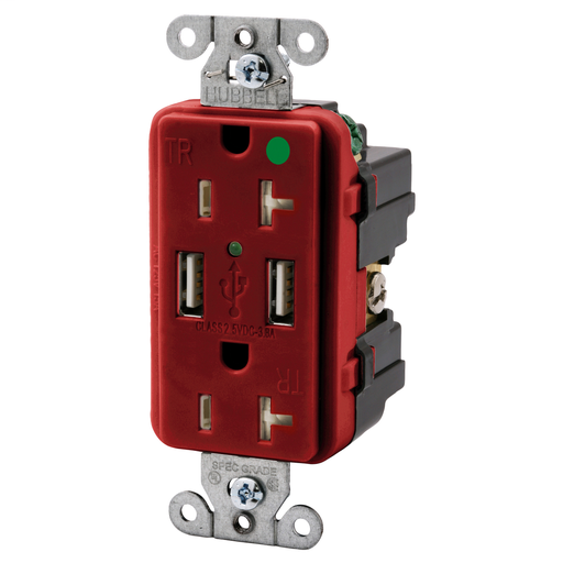 Product image for Hubbell USB8300-R USB Charger / Tamper-Resistant Hospital-Grade Receptacle, Two USB Type 2.0 Ports 3 Amp, 5 Volt DC, 20 Amp, 125 Volt AC Decorator Duplex, Red