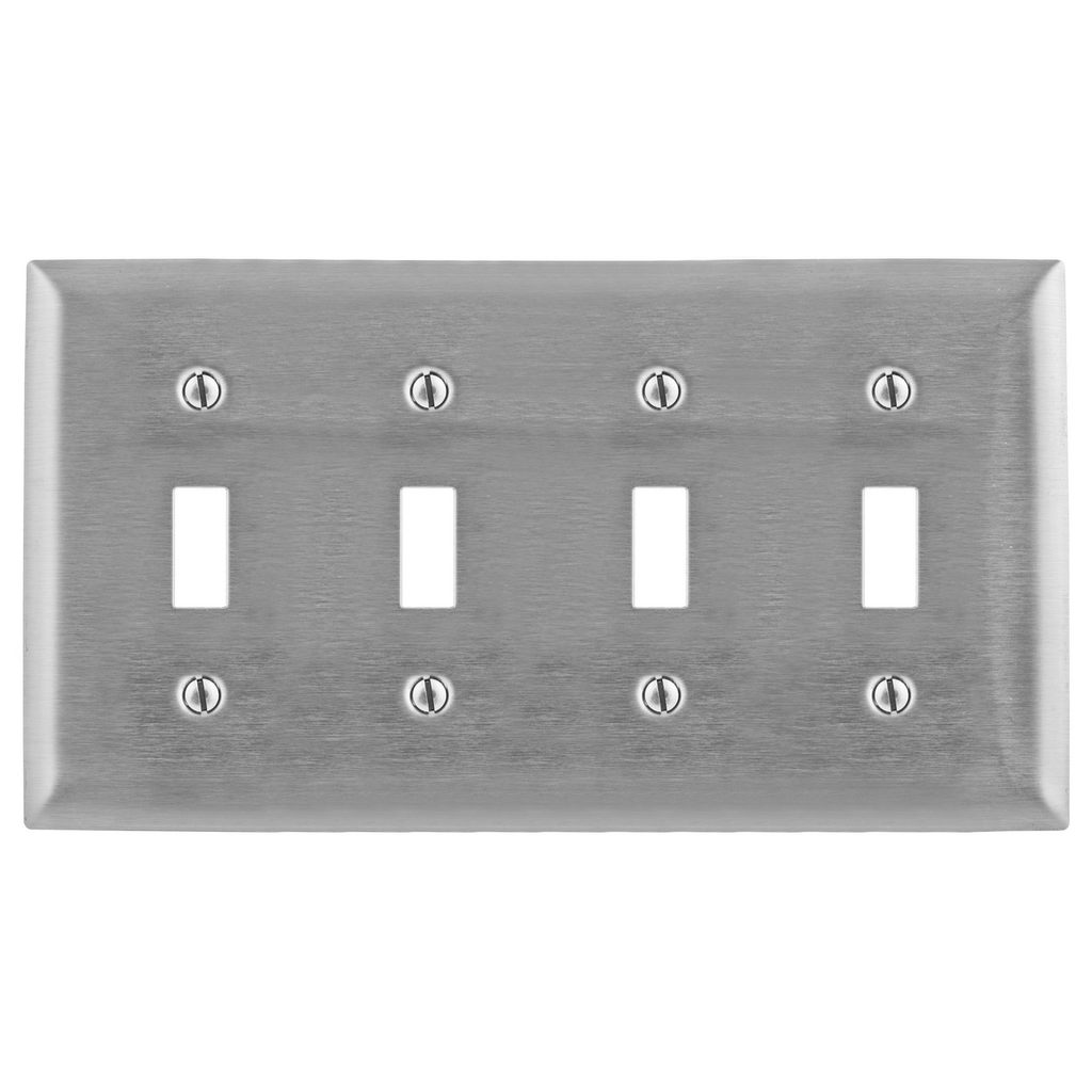 Product image for Hubbell SS4 4-Gang Stainless Steel 4-Toggle Switch Strap Mount Wallplate