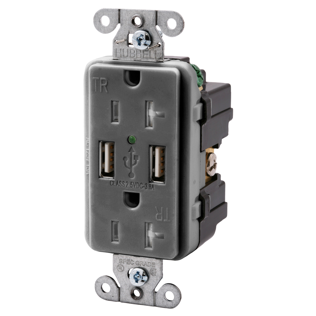 Product image for Hubbell USB20X2-GY USB Charger / Tamper-Resistant Receptacle, Two USB Type 2.0 Ports 3 Amp, 5VDC, 20 Amp, 125VAC Decorator Duplex - Gray