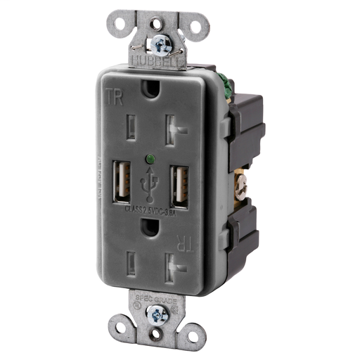 Product image for Hubbell USB20X2-GY USB Charger / Tamper-Resistant Receptacle, Two USB Type 2.0 Ports 3 Amp, 5VDC, 20 Amp, 125VAC Decorator Duplex - Gray