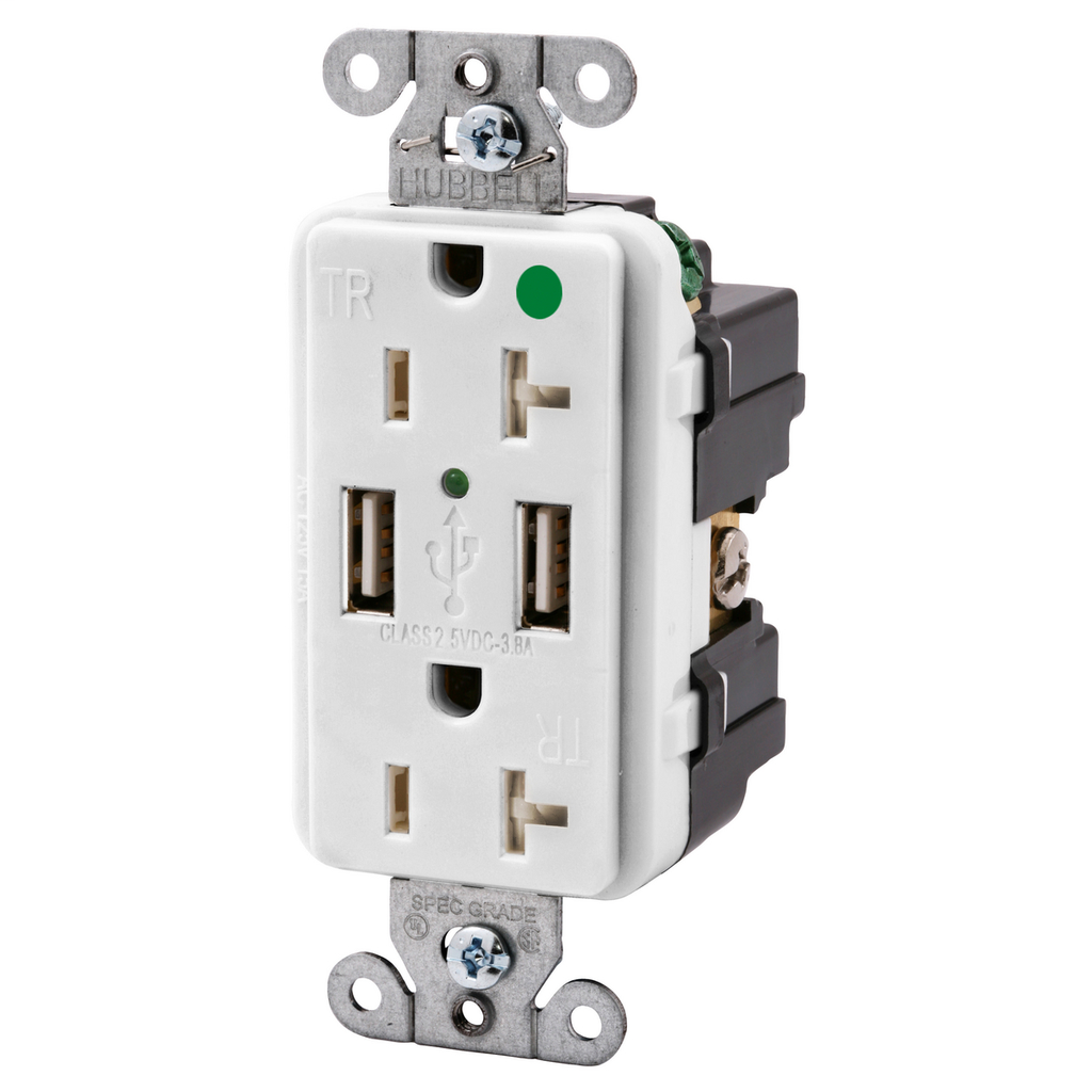 Hubbell Wiring Devices USB8300W 20 Amp 125 Volt 2-Pole 3-Wire NEMA 5-20R White Decorator Duplex USB Charger Receptacle Hubbell Wiring Devices USB8300W 20 Amp 125 Volt 2-Pole 3-Wire NEMA 5-20R White Decorator Duplex USB Charger Receptacle