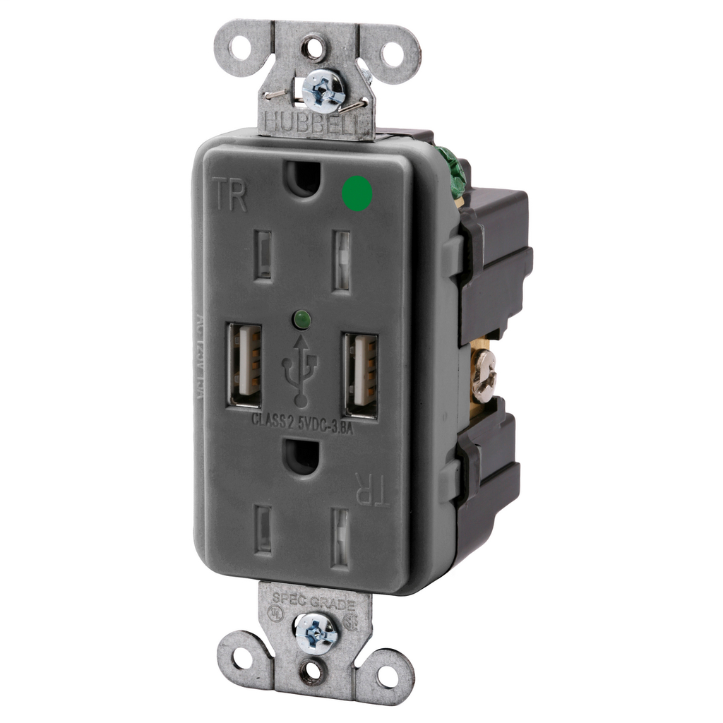 Product image for Hubbell USB8200-GY USB Charger / Tamper-Resistant Hospital-Grade Receptacle, Two USB Type 2.0 Ports 3 Amp, 5 Volt DC, 15 Amp, 125 Volt AC Decorator Duplex, Gray