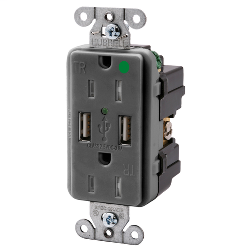 Product image for Hubbell USB8200-GY USB Charger / Tamper-Resistant Hospital-Grade Receptacle, Two USB Type 2.0 Ports 3 Amp, 5 Volt DC, 15 Amp, 125 Volt AC Decorator Duplex, Gray
