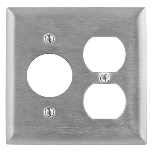 Product image for Hubbell SS8720 2-Gang Stainless Steel 1-Duplex 1-Single Receptacle Screw Mount Combination Wallplate