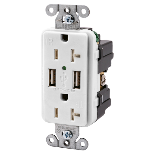 Product image for Hubbell USB20X2-W USB Charger / Tamper-Resistant Receptacle, Two USB Type 2.0 Ports 3 Amp, 5VDC, 20 Amp, 125VAC Decorator Duplex - White