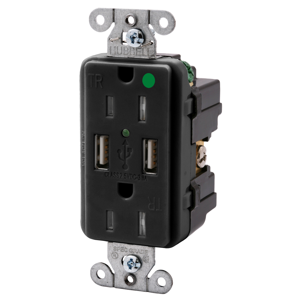Product image for Hubbell USB8200-BK USB Charger / Tamper-Resistant Hospital-Grade Receptacle, Two USB Type 2.0 Ports 3 Amp, 5 Volt DC, 15 Amp, 125 Volt AC Decorator Duplex, Black
