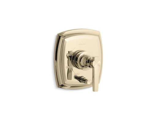 Margaux® Rite-Temp® pressure-balancing valve trim with push-button diverter and lever handles, valve not included, Vibrant French Gold