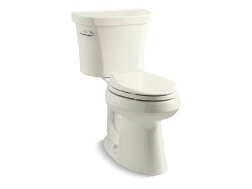 Highline® Comfort Height® two-piece elongated 1.28 gpf toilet with Class Five® flush technology, left-hand trip lever and tank cover locks, seat not included, Biscuit
