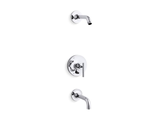Purist® Rite-Temp® bath and shower trim set with push-button diverter and lever handle, less showerhead, Polished Chrome