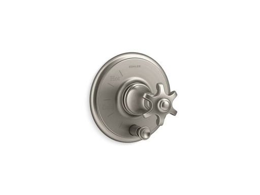 Artifacts® Rite-Temp® pressure-balancing valve trim with push-button diverter and prong handle, Vibrant Brushed Nickel