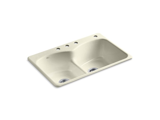 Langlade® 33" x 22" x 9-5/8" top-mount Smart Divide® double-equal kitchen sink with 3 faucet holes and one accessory hole, Cane Sugar