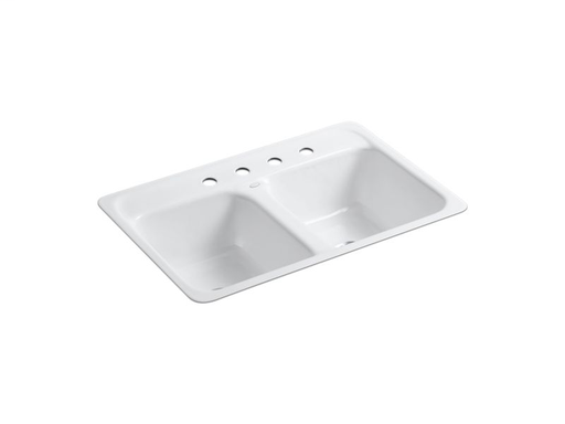 Delafield® 32" x 21" x 8-1/2" tile-in/metal frame double-equal kitchen sink with 4 faucet holes, White