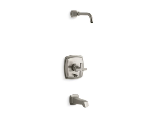 Margaux® Rite-Temp® bath and shower trim set with push-button diverter and cross handle, less showerhead, Vibrant Brushed Nickel