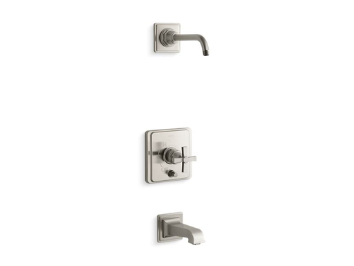 Pinstripe® Pure Rite-Temp® bath and shower trim set with push-button diverter and cross handle, less showerhead, Vibrant Brushed Nickel