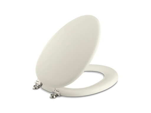 Kathryn® elongated toilet seat with Vibrant® Polished Nickel hinges, Biscuit
