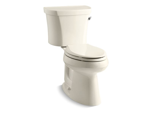 Highline® Comfort Height® two-piece elongated 1.28 gpf toilet with Class Five® flush technology, right-hand trip lever and tank cover locks, seat not included, Almond