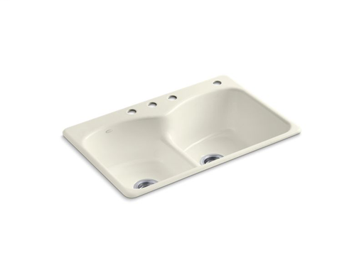 Langlade® 33" x 22" x 9-5/8" top-mount Smart Divide® double-equal kitchen sink with 3 faucet holes and one accessory hole, Biscuit