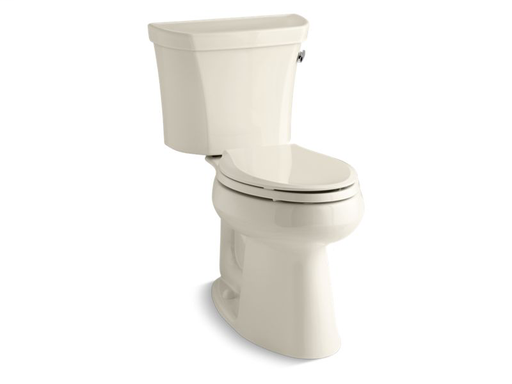 Highline® Comfort Height® two-piece elongated 1.28 gpf toilet with Class Five® flush technology and right-hand trip lever, seat not included, Almond