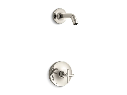 Purist® Rite-Temp® shower valve trim with cross handle, less showerhead, Vibrant Polished Nickel